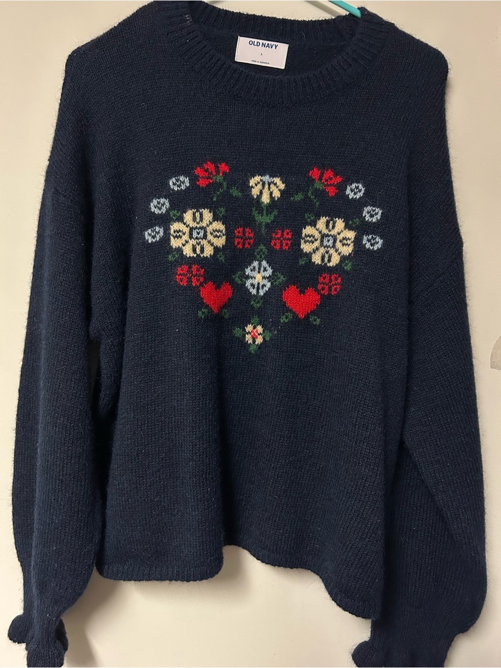 Old Navy Navy Heart & Floral Crewneck Sweater